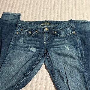 bebe Medium Blue Skinny Jeans with Faded Distressing